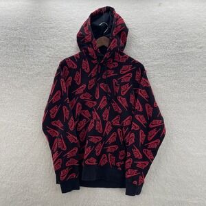 Nike Hoodie Mens Medium Black Red Club Fleece Pullover AOP Logo Comfort Gym